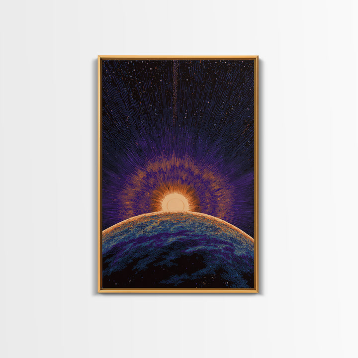 Purple Planet Sunrise Horizon Canvas Print, Retro Sci Fi Space Poster, Modern Wall Art, Midcentury Starburst Decor Gift Idea