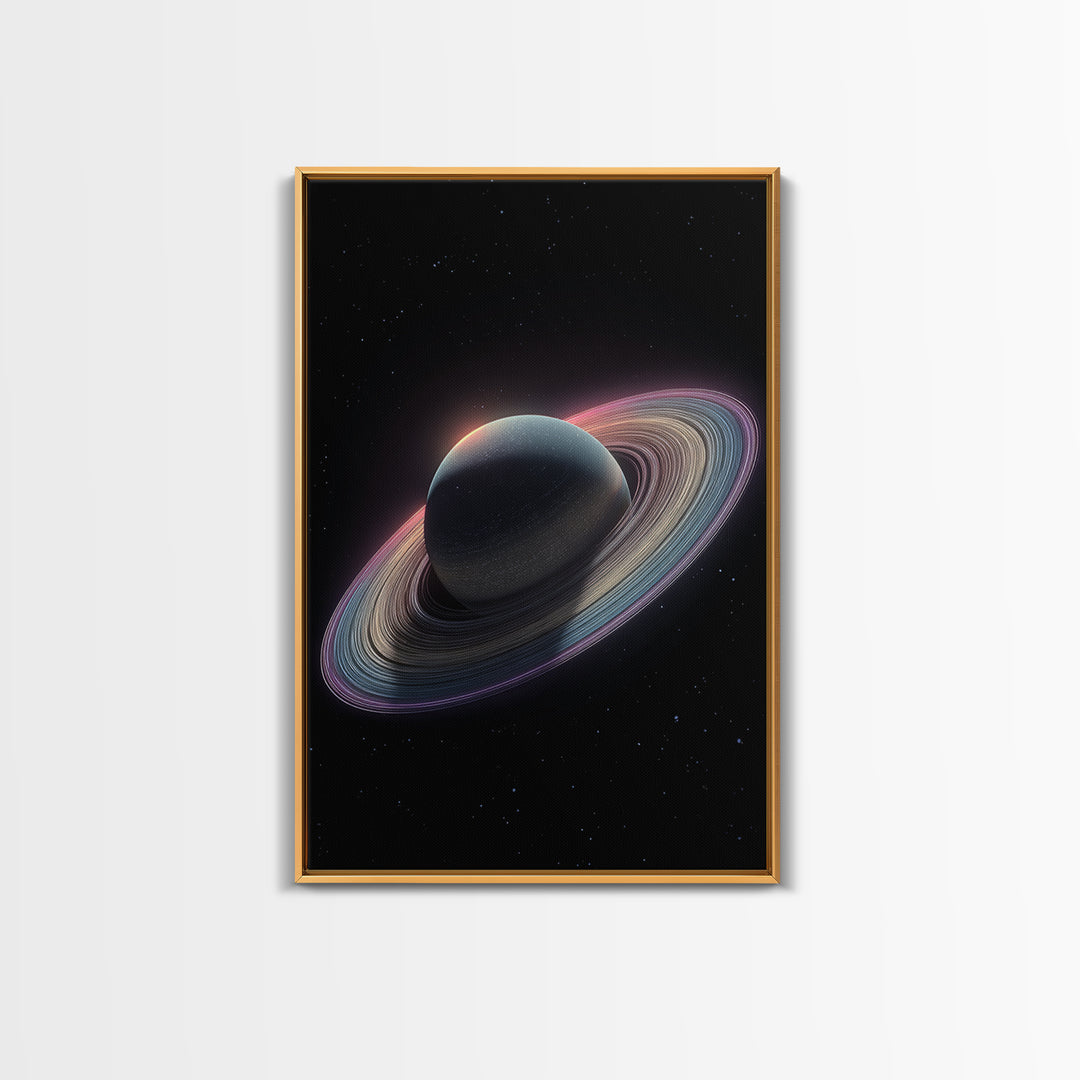 Dark Saturn With Iridescent Rings Wall Art, Realistic Sci Fi Space Poster, Modern Art Print, Cosmic Retro Home Decor Gift