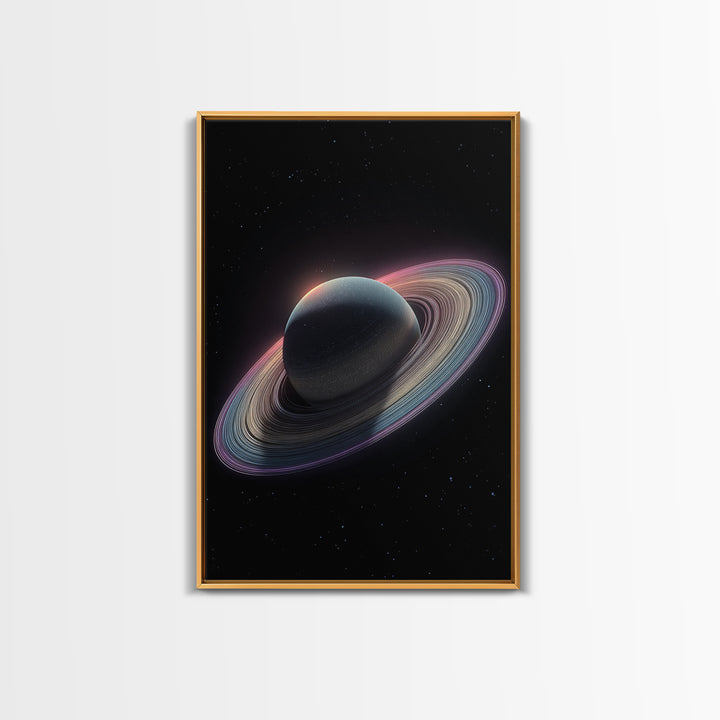 Dark Saturn With Iridescent Rings Wall Art, Realistic Sci Fi Space Poster, Modern Art Print, Cosmic Retro Home Decor Gift