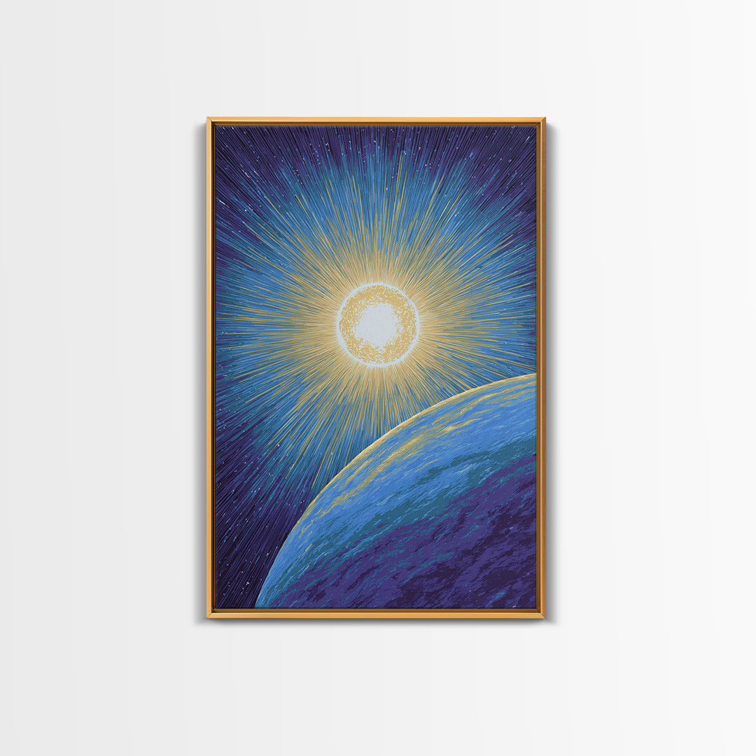 Radiant Sun Above Blue Planet Canvas Print, Retro Sci Fi Space Poster, Modern Wall Art, Midcentury Cosmic Home Decor Gift