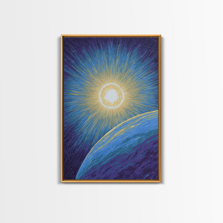 Radiant Sun Above Blue Planet Canvas Print, Retro Sci Fi Space Poster, Modern Wall Art, Midcentury Cosmic Home Decor Gift