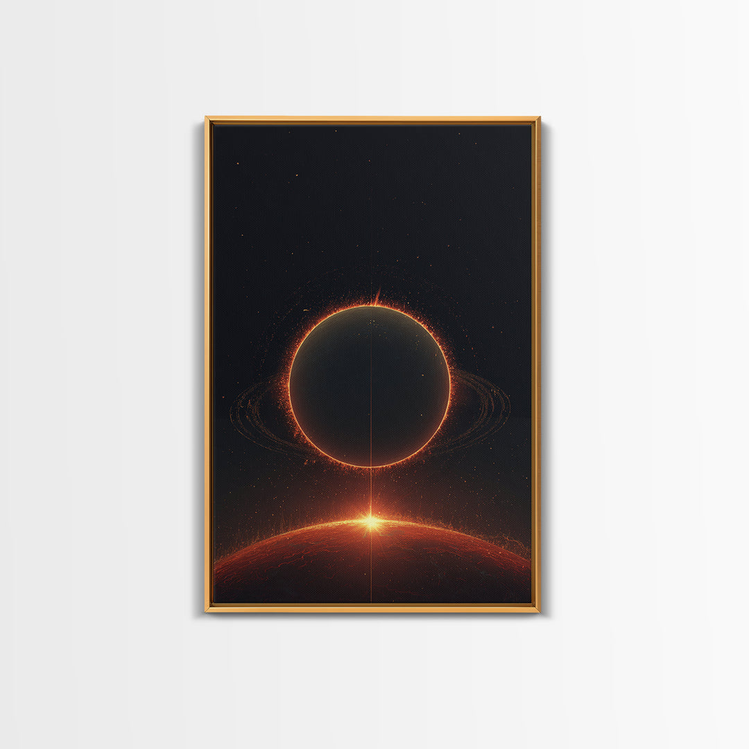 Red Eclipse Over Fiery Planet Wall Art, Minimal Sci Fi Space Poster, Modern Art Print, Dark Cosmic Retro Home Decor Gift