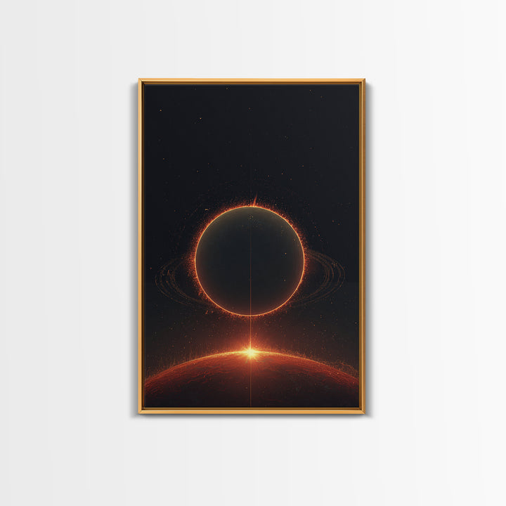 Red Eclipse Over Fiery Planet Wall Art, Minimal Sci Fi Space Poster, Modern Art Print, Dark Cosmic Retro Home Decor Gift
