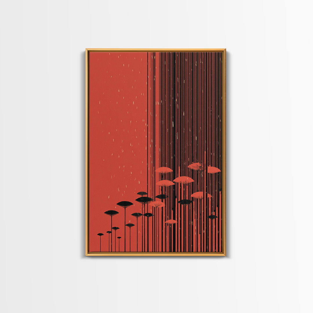 Red Abstract Rain Umbrella Wall Art, Midcentury Modern Art Print, Japanese Poster Style, Geometric Retro Home Decor Gift