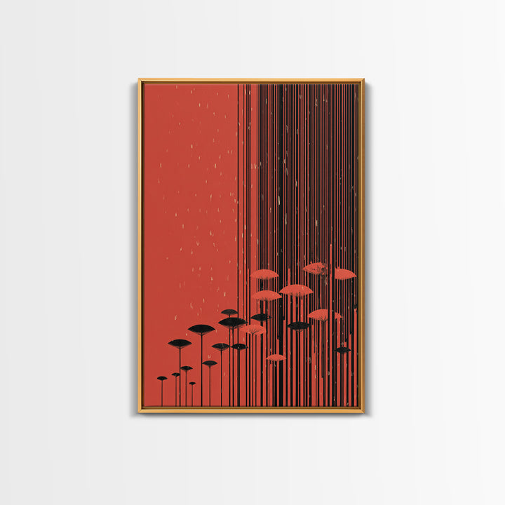 Red Abstract Rain Umbrella Wall Art, Midcentury Modern Art Print, Japanese Poster Style, Geometric Retro Home Decor Gift