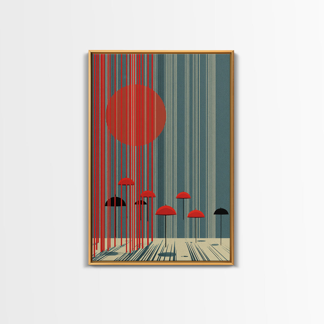 Teal Red Sun And Rain Umbrellas Canvas Print, Midcentury Modern Wall Art, Geometric Japanese Poster, Retro Decor Gift Idea