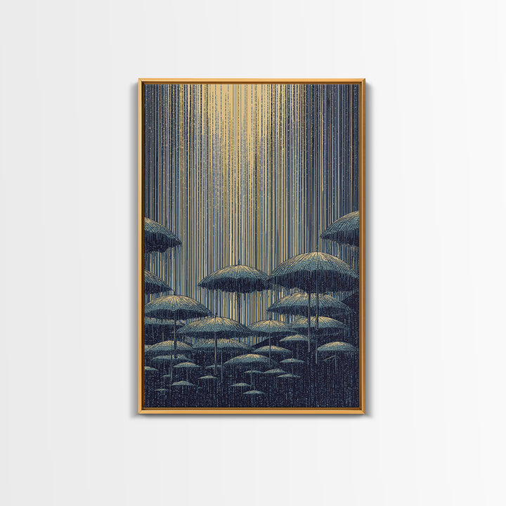 Blue Rainy Umbrella Moonlight Wall Art, Midcentury Modern Art Print, Japanese Poster Style, Retro Scenic Home Decor Gift