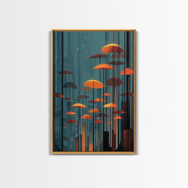 Rainy Teal Forest With Orange Umbrella Mushrooms Wall Art, Midcentury Modern Art Print, Retro Mcm Decor, Surreal Nature Poster