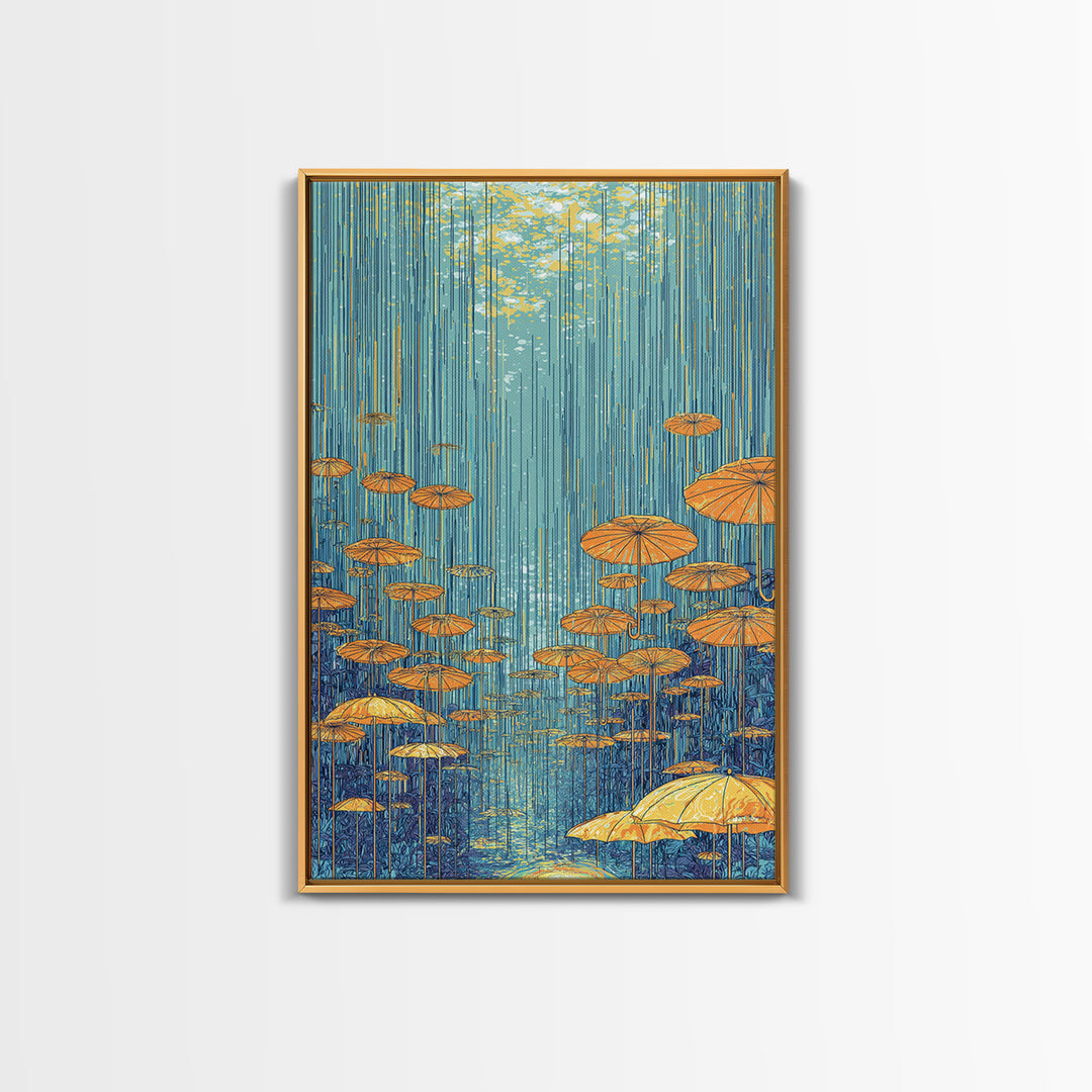 Golden Parasol Mushrooms In Blue Rain Canvas Print, Midcentury Modern Wall Art, Retro Botanical Decor, Colorful Nature Poster