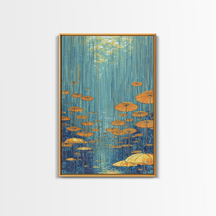 Golden Parasol Mushrooms In Blue Rain Canvas Print, Midcentury Modern Wall Art, Retro Botanical Decor, Colorful Nature Poster