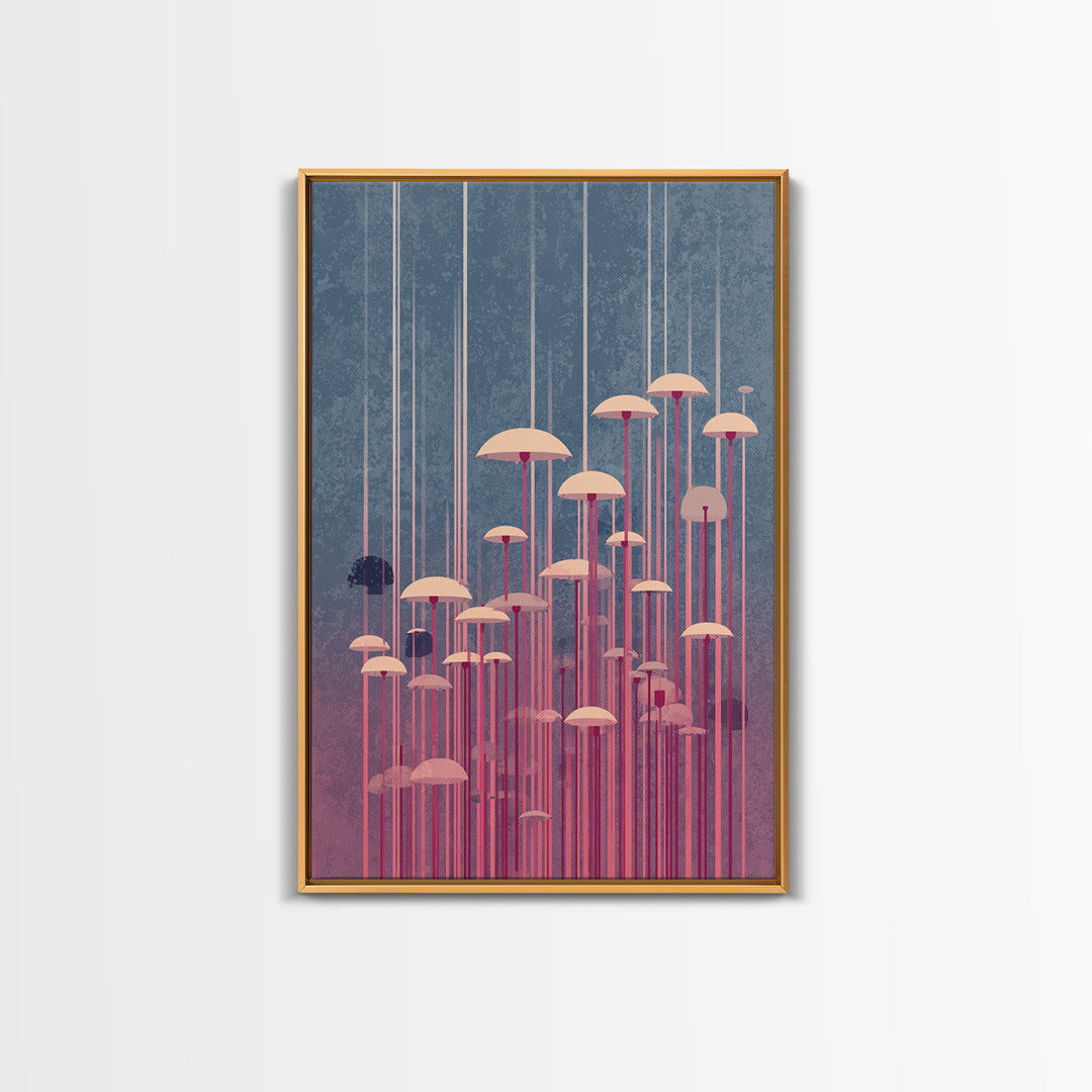 Pastel Pink Umbrella Forest In Mist Framed Canvas Print, Midcentury Modern Wall Art, Retro Mcm Decor, Dreamy Abstract Poster
