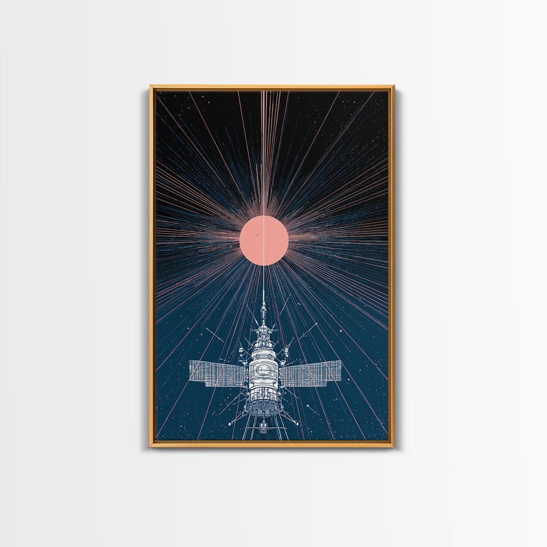 Satellite Under Pink Cosmic Sun Wall Art, Midcentury Modern Sci Fi Poster, Space Abstract Art, Retro Futurism Decor Print