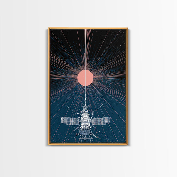 Satellite Under Pink Cosmic Sun Wall Art, Midcentury Modern Sci Fi Poster, Space Abstract Art, Retro Futurism Decor Print