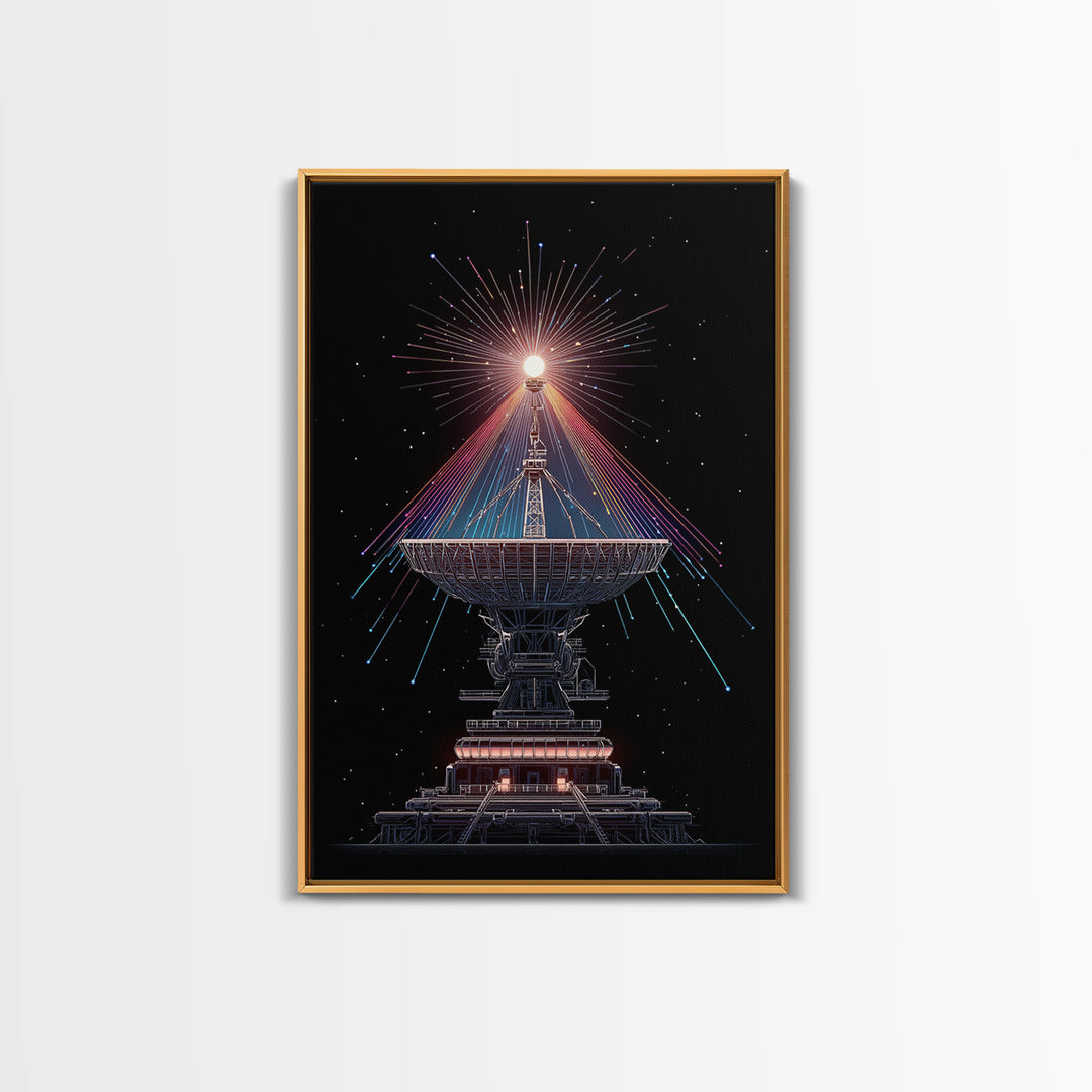 Radio Telescope Starburst On Black Canvas Print, Midcentury Modern Space Poster, Sci Fi Wall Art, Retro Cosmic Office Decor