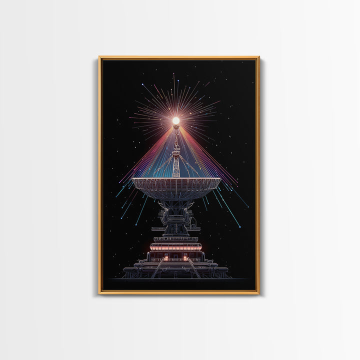 Radio Telescope Starburst On Black Canvas Print, Midcentury Modern Space Poster, Sci Fi Wall Art, Retro Cosmic Office Decor