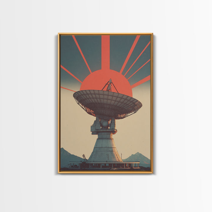 Mountain Radio Telescope With Red Sunbeams Framed Canvas Print, Midcentury Modern Wall Art, Retro Space Poster, Mcm Decor