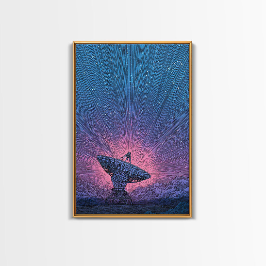 Mountain Satellite Dish With Pink Data Beams Wall Art, Midcentury Modern Sci Fi Poster, Space Abstract Art, Retro Decor Print
