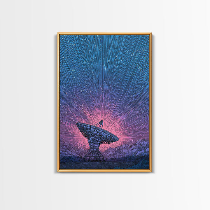 Mountain Satellite Dish With Pink Data Beams Wall Art, Midcentury Modern Sci Fi Poster, Space Abstract Art, Retro Decor Print