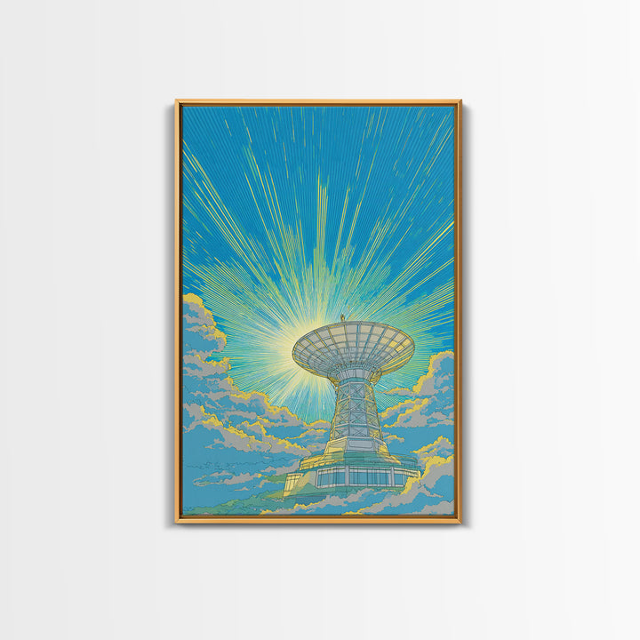 Bright Sky Satellite Dish With Neon Rays Canvas Print, Midcentury Modern Wall Art, Retro Space Poster, Colorful Office Decor