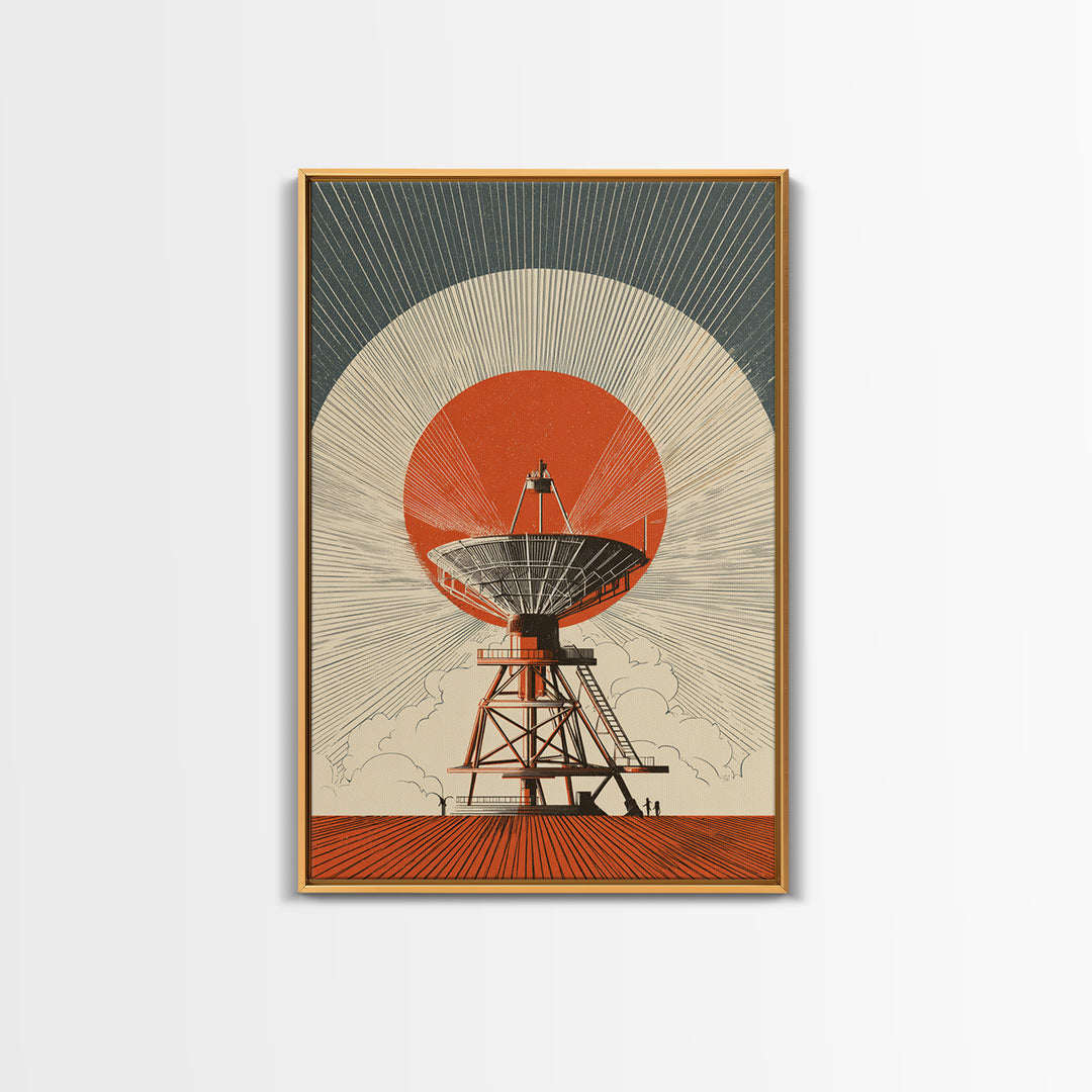 Orange Eclipse Radio Telescope In Desert Wall Art, Midcentury Modern Space Poster, Retro Futurism Decor, Geometric Art Print