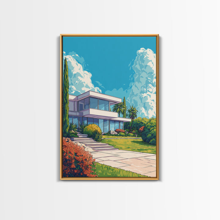 Palm Springs Modernist House Canvas Print, Mid Century Architecture Wall Decor, Retro Travel Poster, Colorful MCM Home Art