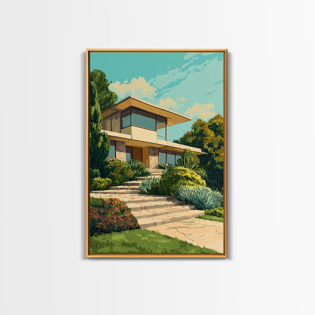 Lush Mid Century Modern House Canvas Print, Architectural Garden Wall Decor, MCM Landscape Poster, Retro Home Office Art