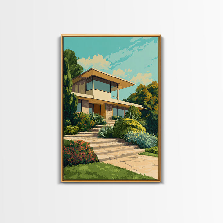 Lush Mid Century Modern House Canvas Print, Architectural Garden Wall Decor, MCM Landscape Poster, Retro Home Office Art