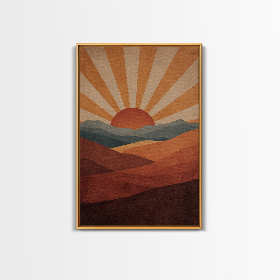 Retro Desert Sunrise Wall Art, Mid Century Sun Poster, Burnt Orange Landscape Print, Southwestern Decor, Boho MCM Art Gift