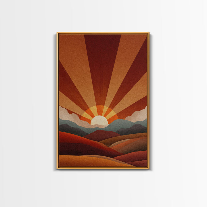 Burnt Orange Sunrise Wall Art, Retro Mountain Landscape Poster, Mid Century Sun Print, Warm Desert Decor, Boho MCM Art Gift