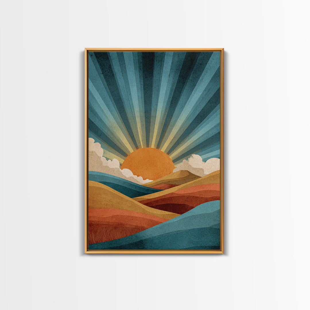 Teal Orange Sunrise Canvas Print, Retro Desert Mountain Wall Decor, Mid Century Sun Art, Boho Abstract Landscape Poster Print