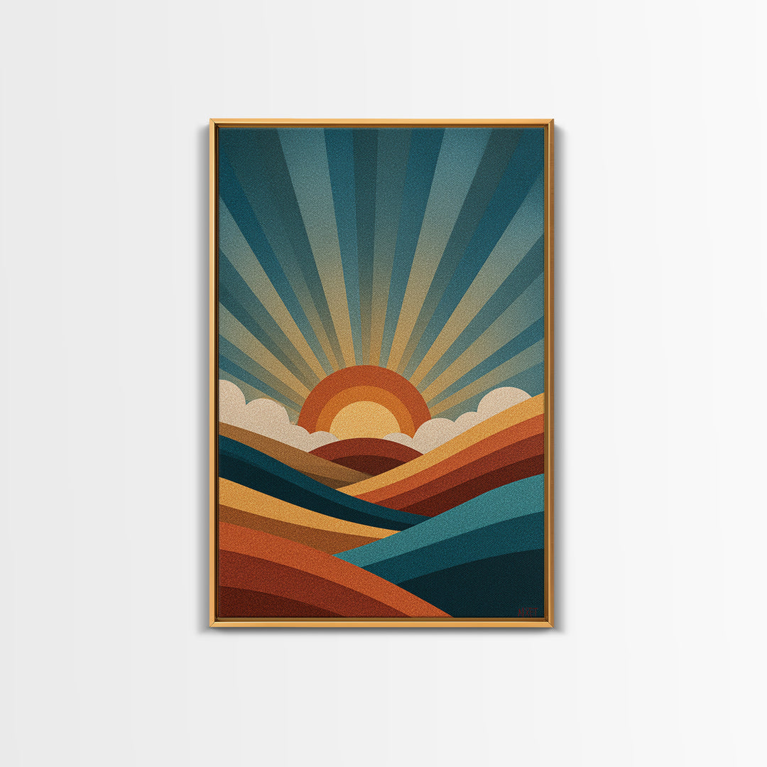 Geometric Sunrise Wall Art, Retro Rainbow Mountain Poster, Mid Century Sun Print, Colorful Abstract MCM Home Decor Gift Idea