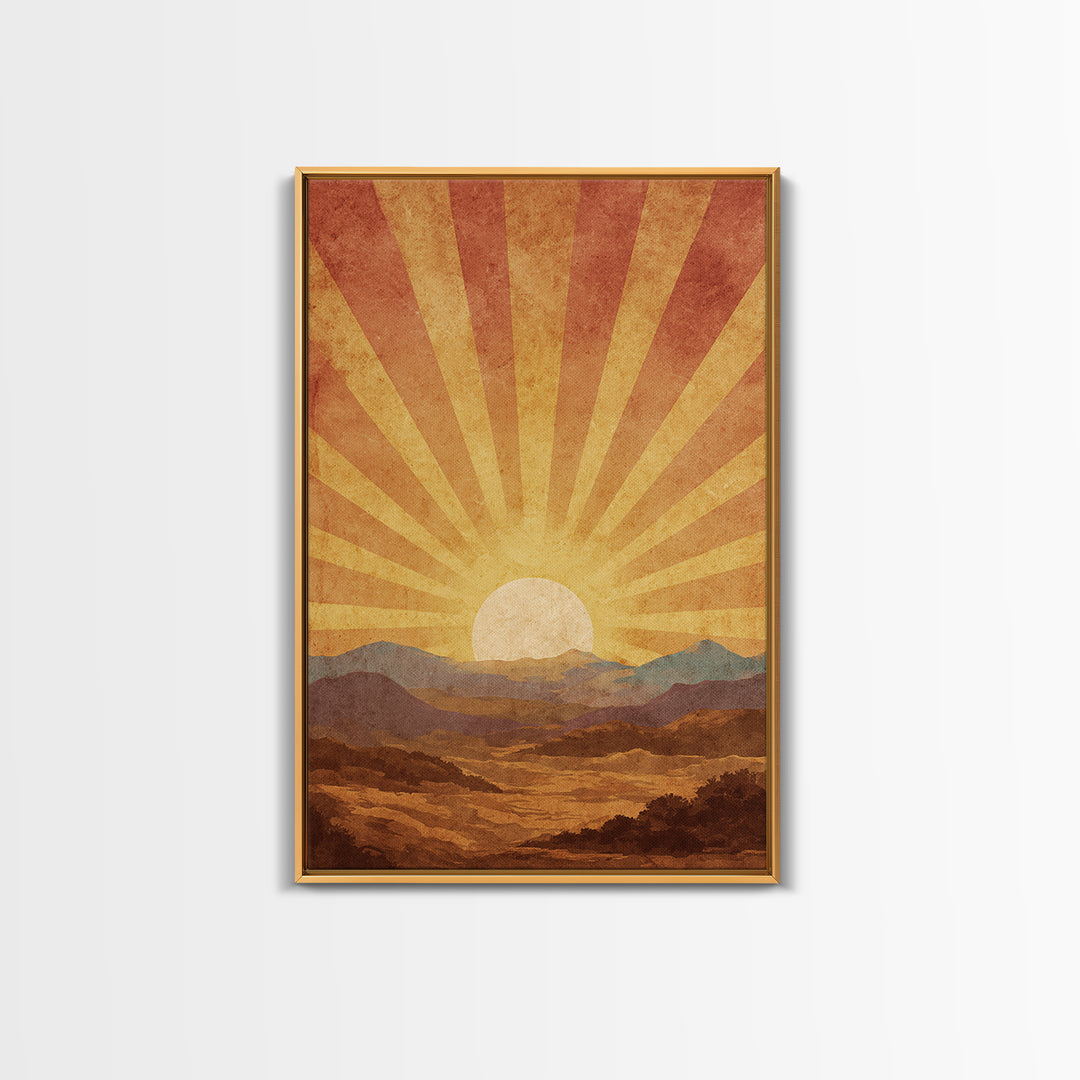 Radiant Desert Sunrise Mountains Wall Art, Mid Century Modern Poster, Retro Orange Landscape Print, Southwestern Living Room Decor