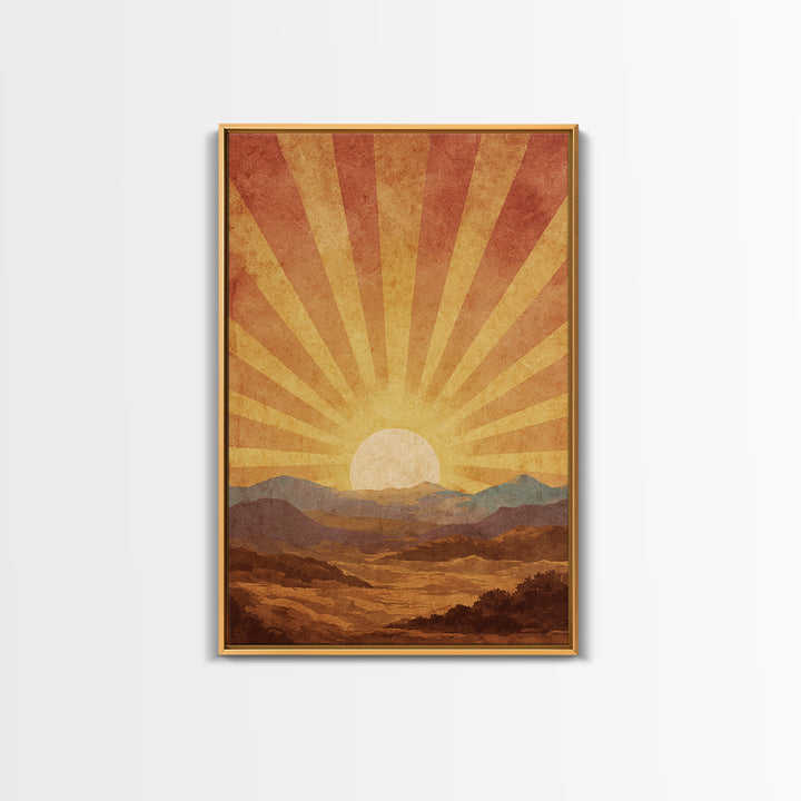 Radiant Desert Sunrise Mountains Wall Art, Mid Century Modern Poster, Retro Orange Landscape Print, Southwestern Living Room Decor