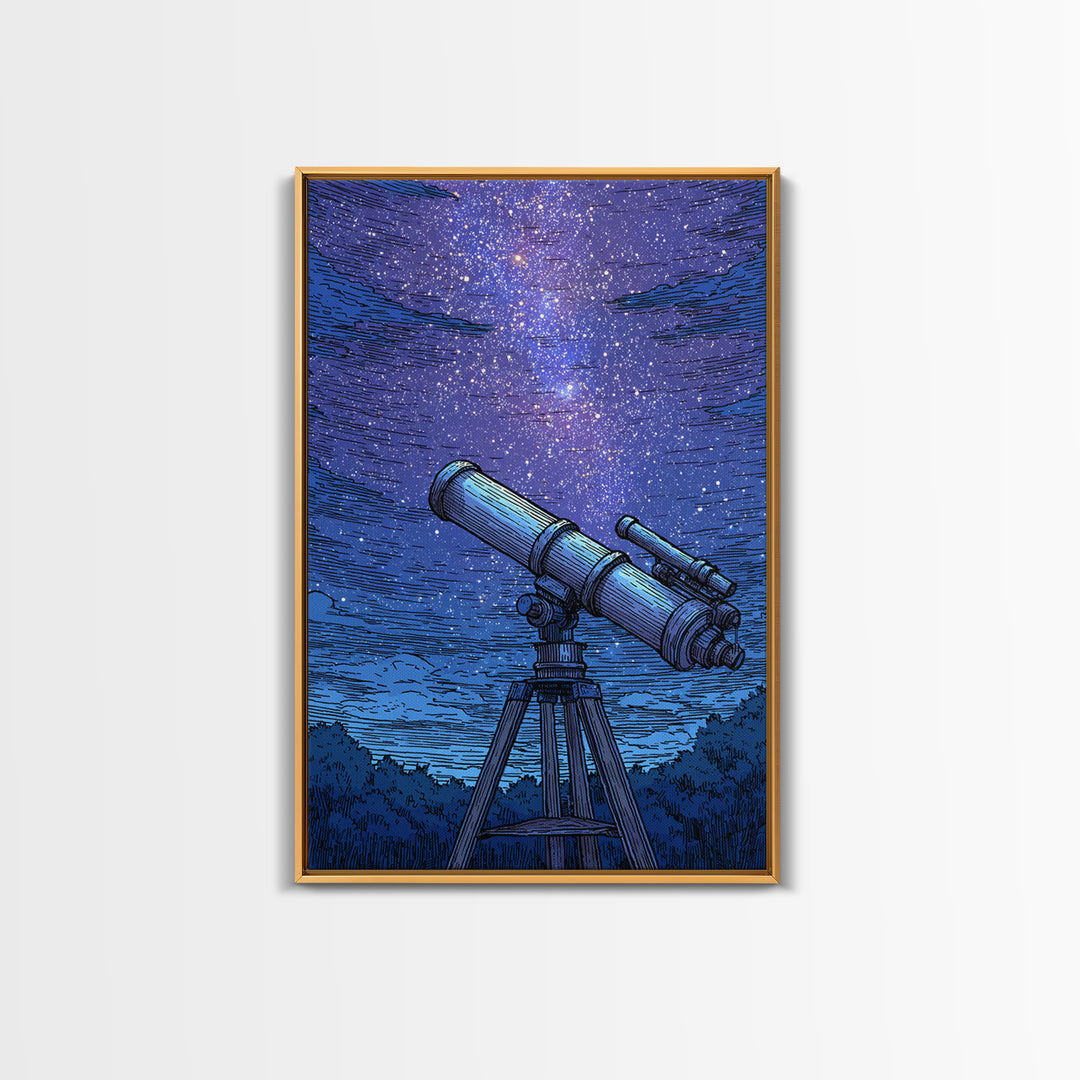 Blue Starry Telescope Wall Art, Mid Century Modern Space Poster, Astronomy Print, Night Sky Decor For Office And Dorm Room