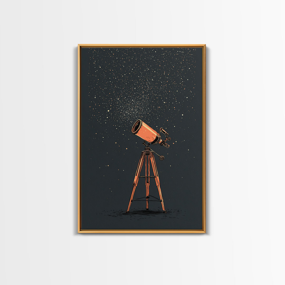 Orange Telescope Star Field Canvas Print, Mid Century Modern Astronomy Poster, Minimal Space Wall Decor, Stargazer Gift Idea