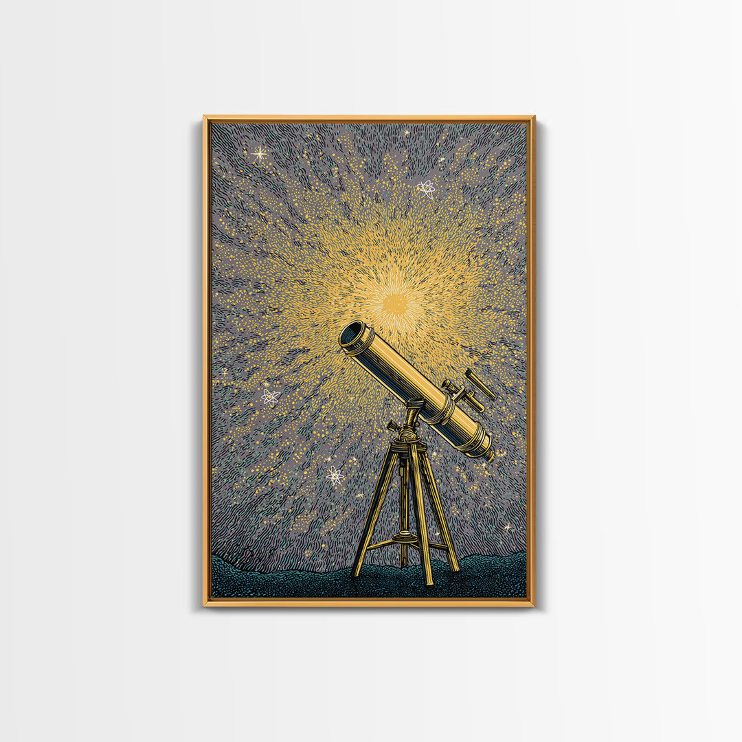 Golden Starburst Telescope Canvas Print, Mid Century Modern Astronomy Poster, Retro Space Wall Decor, Statement Office Art
