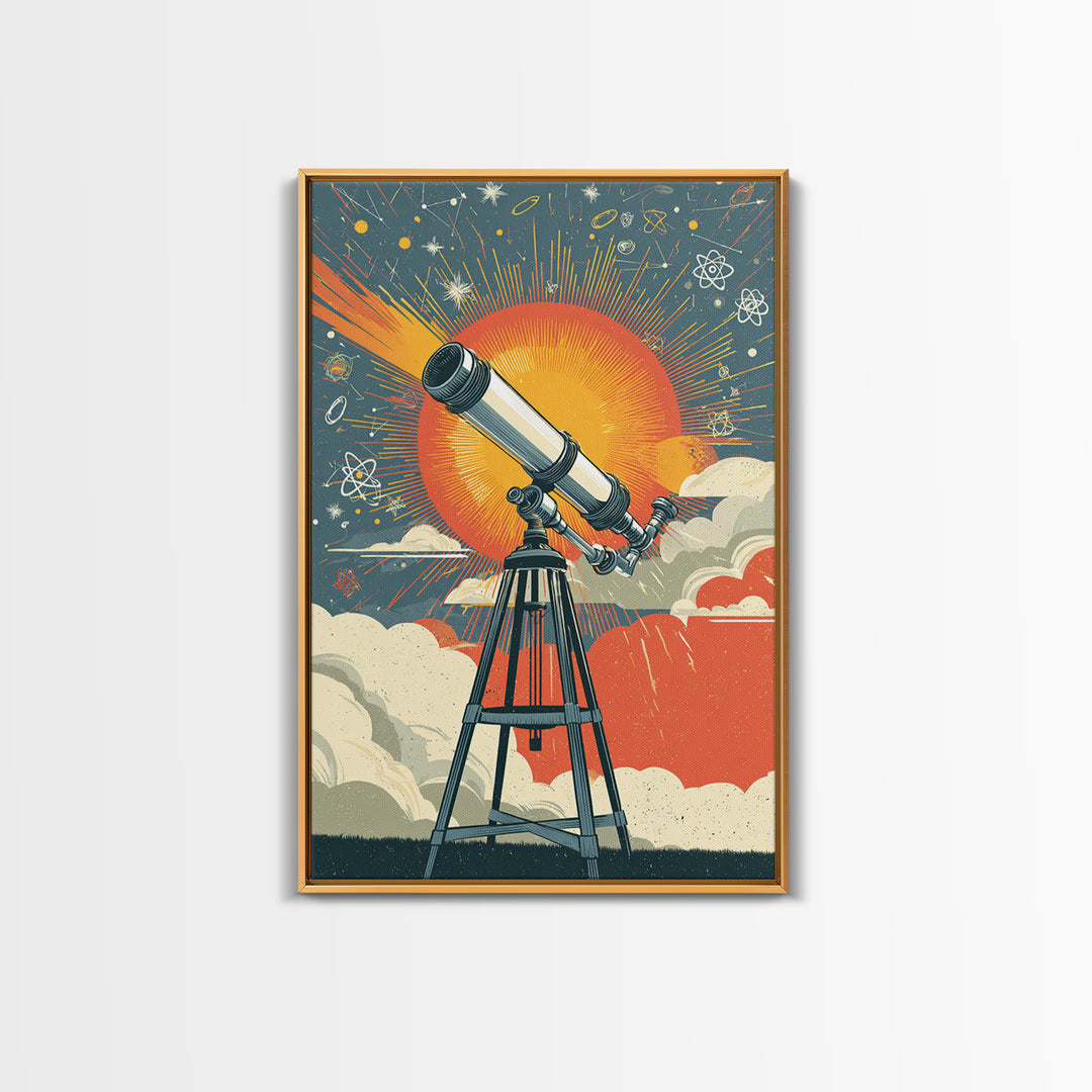 Giant Sun Telescope Wall Art, Mid Century Modern Space Poster, Colorful Atomic Astronomy Print, Retro Office Decor Gift Idea