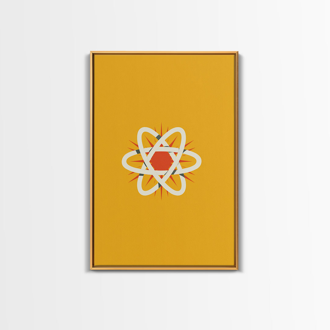 Minimal Atomic Symbol Canvas Print, Mid Century Modern Science Poster, Yellow Orange Geometric Wall Decor, Retro Lab Art