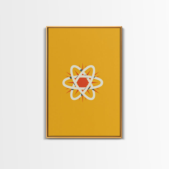 Minimal Atomic Symbol Canvas Print, Mid Century Modern Science Poster, Yellow Orange Geometric Wall Decor, Retro Lab Art