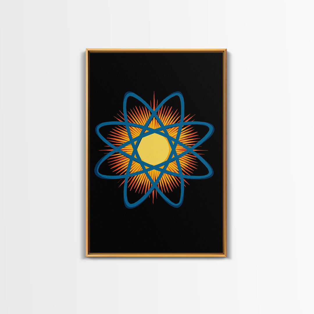 Blue Atomic Orbit Sunburst Wall Art, Midcentury Modern Science Poster, Retro Space Decor, Geometric MCM Art Print For Office