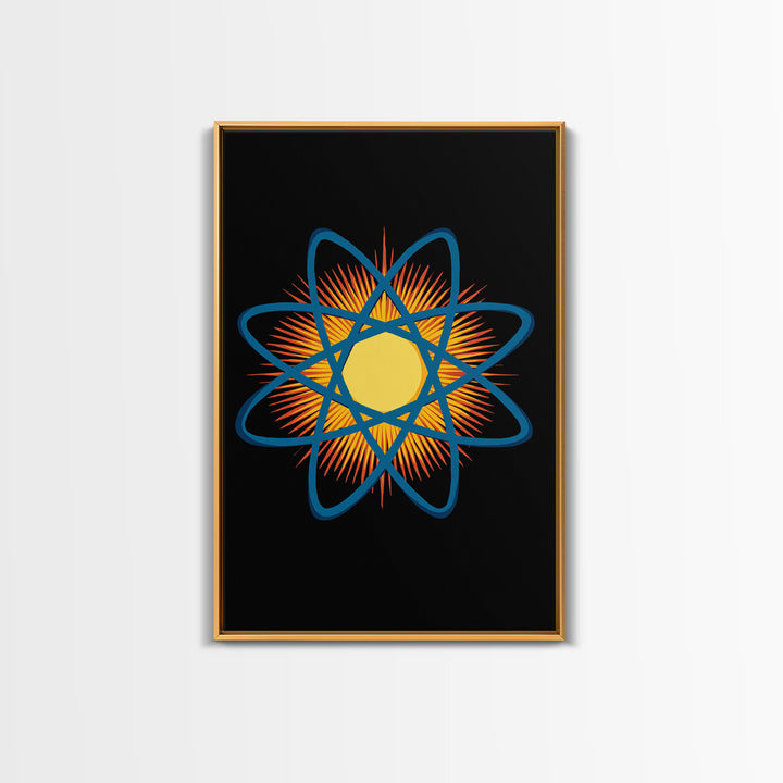 Blue Atomic Orbit Sunburst Wall Art, Midcentury Modern Science Poster, Retro Space Decor, Geometric MCM Art Print For Office