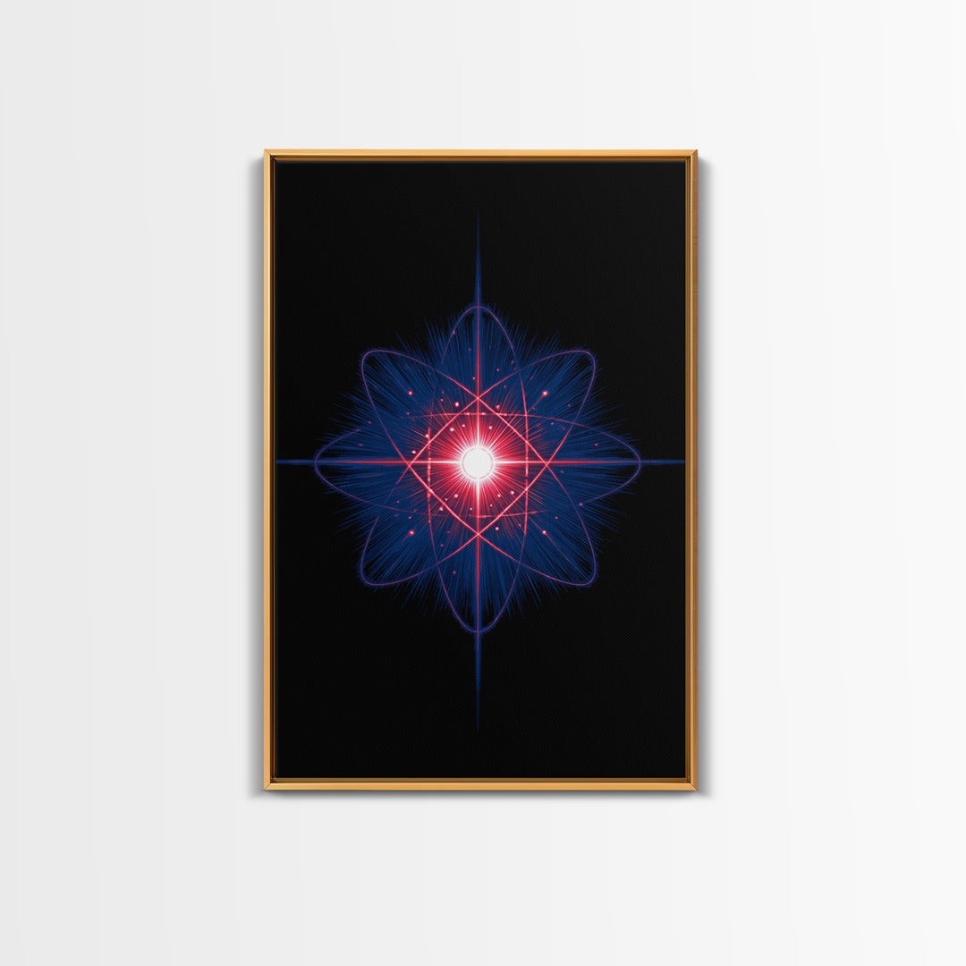 Neon Red Blue Atomic Starburst Canvas Print, Futuristic Space Abstract, Midcentury Modern Wall Decor, Sci Fi Home Office Art