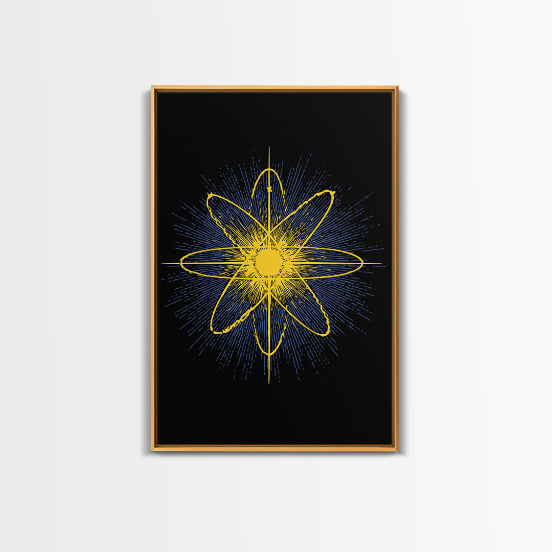 Yellow Atomic Burst Wall Art, Bright Modern Abstract Science Poster, Midcentury Space Decor, Geometric Art Print For Home Office