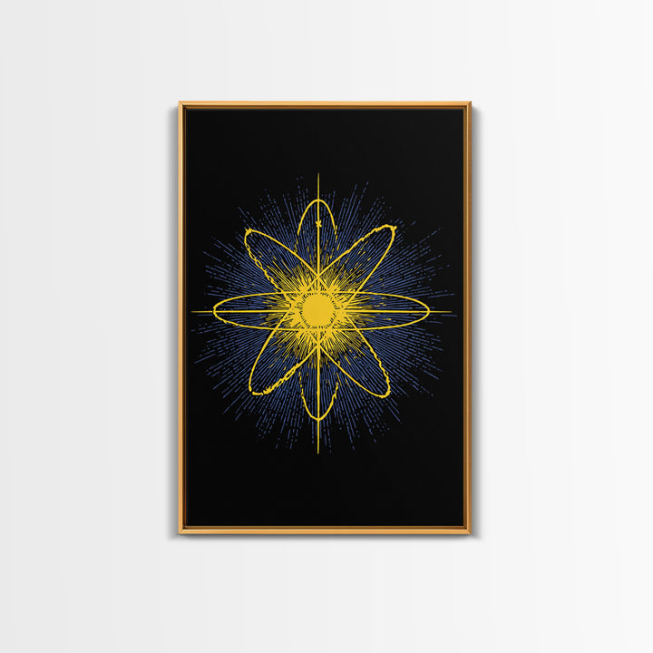 Yellow Atomic Burst Wall Art, Bright Modern Abstract Science Poster, Midcentury Space Decor, Geometric Art Print For Home Office