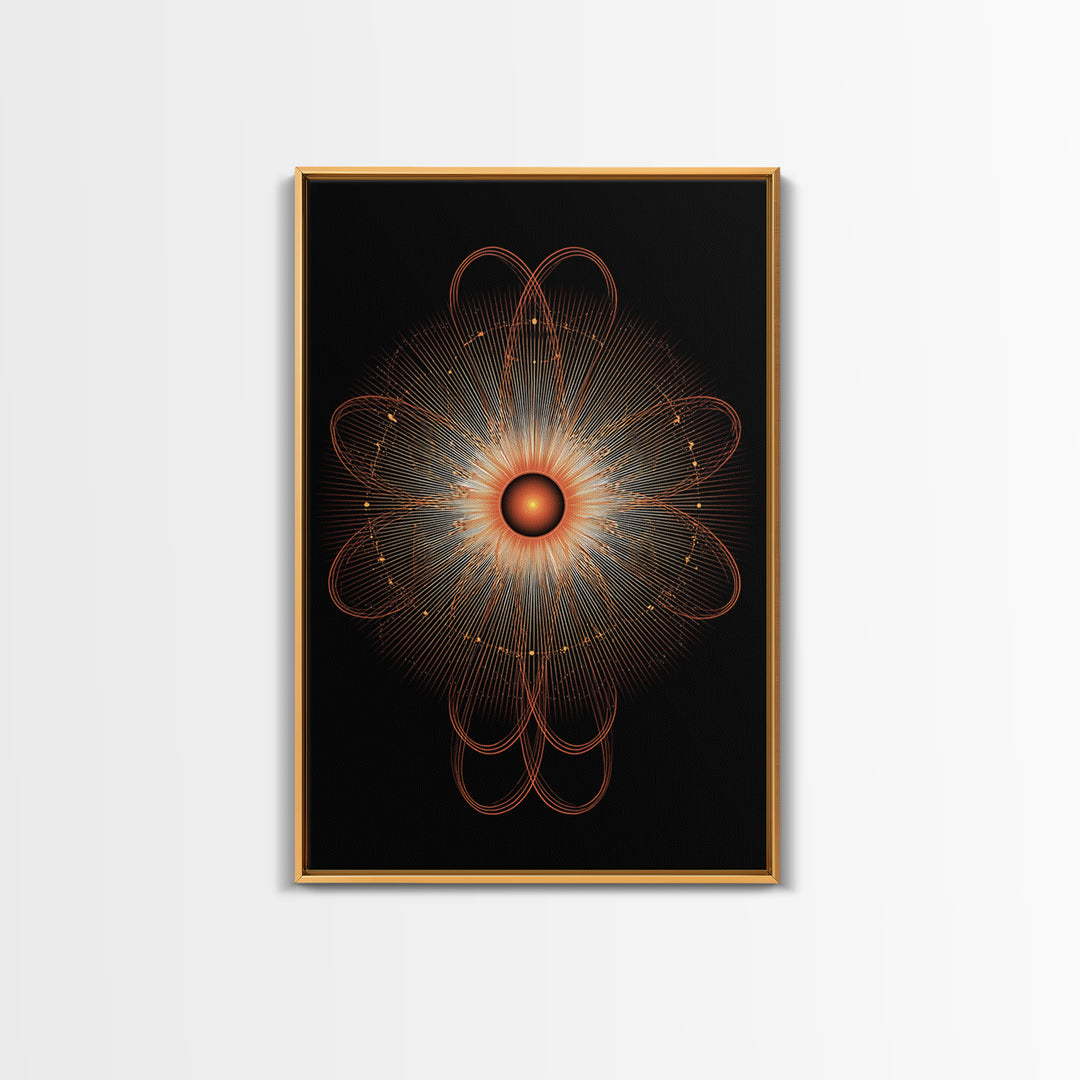 Orange Radiant Atomic Flower Framed Canvas Print, Midcentury Modern Abstract, Retro Geometric Wall Decor, MCM Office Art