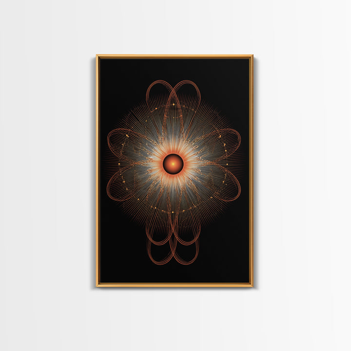 Orange Radiant Atomic Flower Framed Canvas Print, Midcentury Modern Abstract, Retro Geometric Wall Decor, MCM Office Art