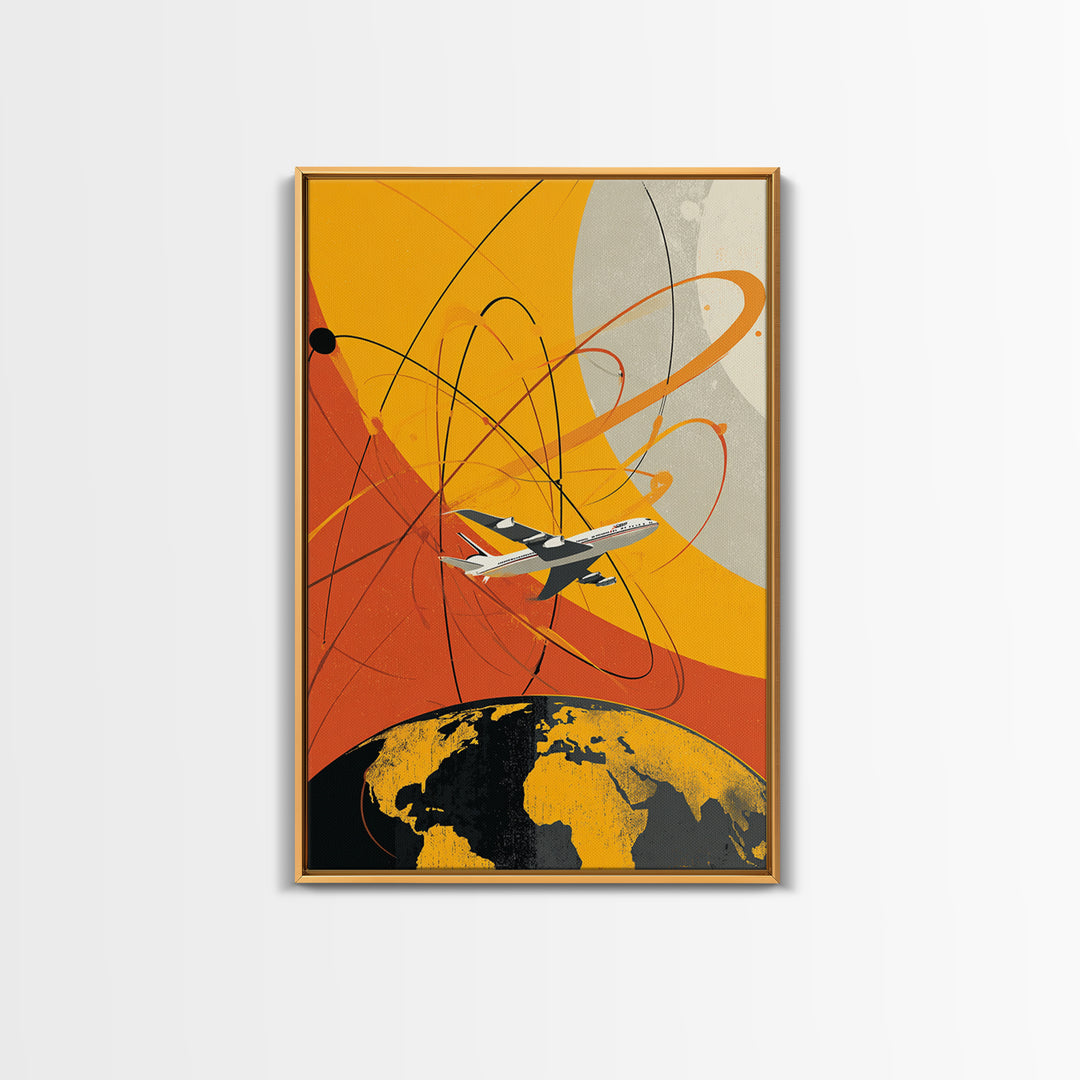 Orange Jet Airplane Orbit Wall Art, Retro Space Age Travel Poster, Midcentury Modern Aviation Decor, Bold Canvas Print For Office