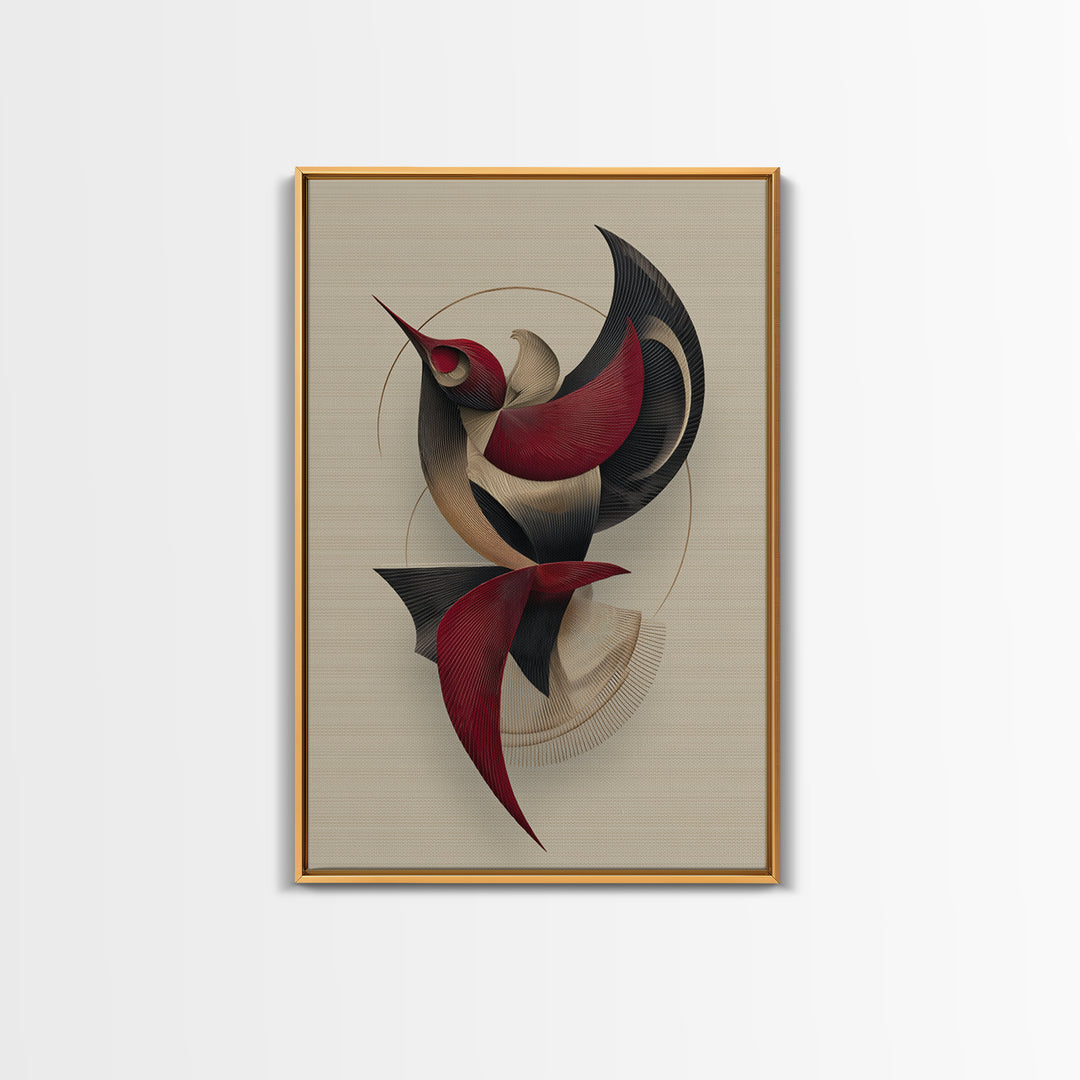 Red Black Beige Kinetic Abstract Bird Framed Canvas Print, Midcentury Modern Wall Art, Sculptural MCM Home Decor, Statement Piece