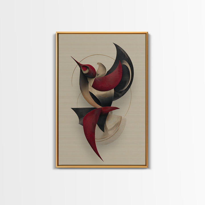 Red Black Beige Kinetic Abstract Bird Framed Canvas Print, Midcentury Modern Wall Art, Sculptural MCM Home Decor, Statement Piece