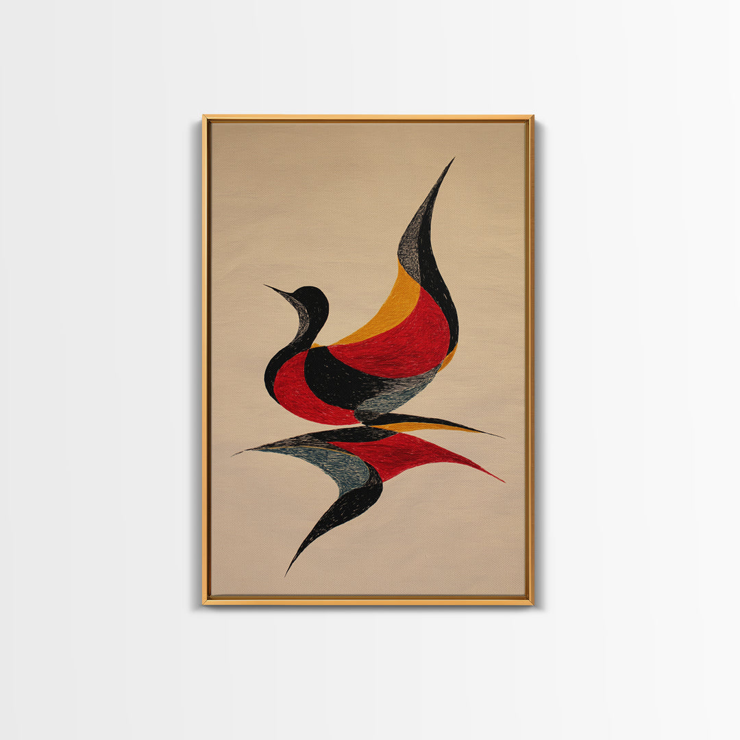 Red Black Abstract Bird Canvas Print, Midcentury Modern Wall Art, Retro Geometric Art, Warm Beige Living Room Decor, Gift